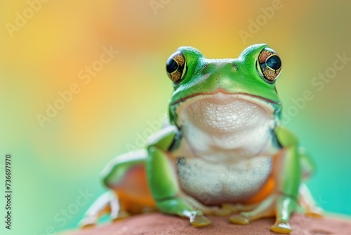 Leap into Spring with a Playful Green Frog on a Soft Pastel Background