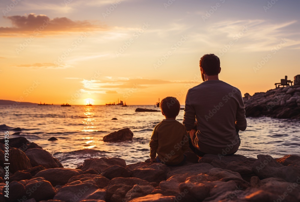 a man and child sitting on rocks looking at the sunset