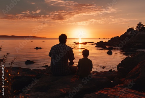 a man and child sitting on rocks looking at the sunset