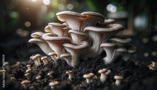 Oyster mushrooms growing out of dark, fertile soil