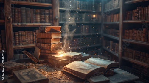 Ancient library with books of secrets only accessible by sorcerers with the correct magical identity sigils photo