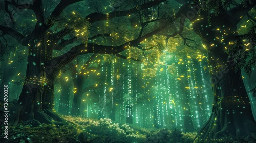 Enchanted forest where each tree is a pillar of data protection with leaves of encryption fluttering down to shield the information below