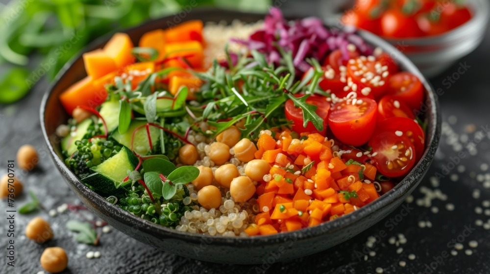 Colorful vegan nourish bowl with a mix of raw and cooked vegetables, legumes, and grains.