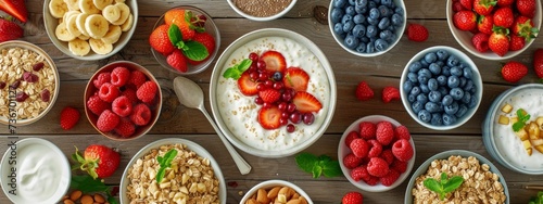 Assortment of vegan breakfast bowls with various fruits, oats, and dairy-free yogurt.