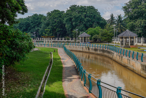 The river in the beautiful Serpong city park with a bright sky as a background.