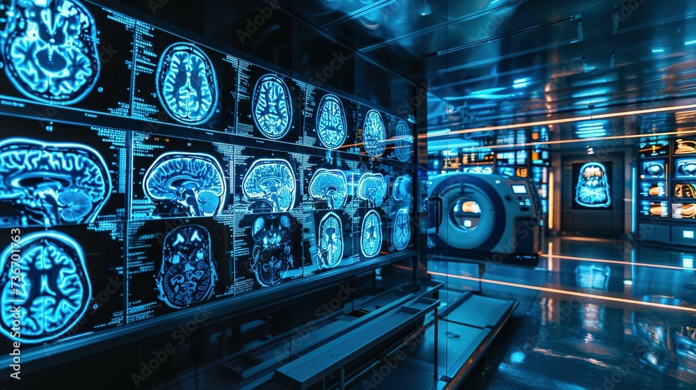 Advanced medical imaging technology in neon blue showcasing a series of ...