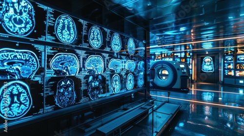 Advanced medical imaging technology in neon blue showcasing a series of brain MRI scans for neurological research and diagnostics in a clinical setting