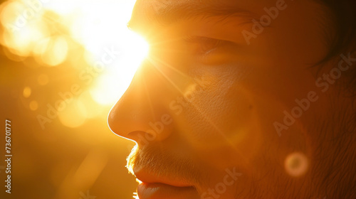 The warm light of the sun surrounds a man illuminating the contours of his face.