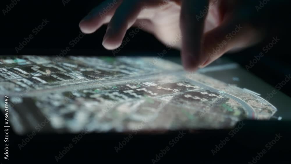 Person rotating a satellite view map on a tablet using fingers. Close up, slow motion. 