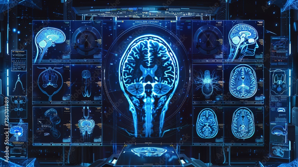 Advanced medical imaging technology in neon blue showcasing a series of ...