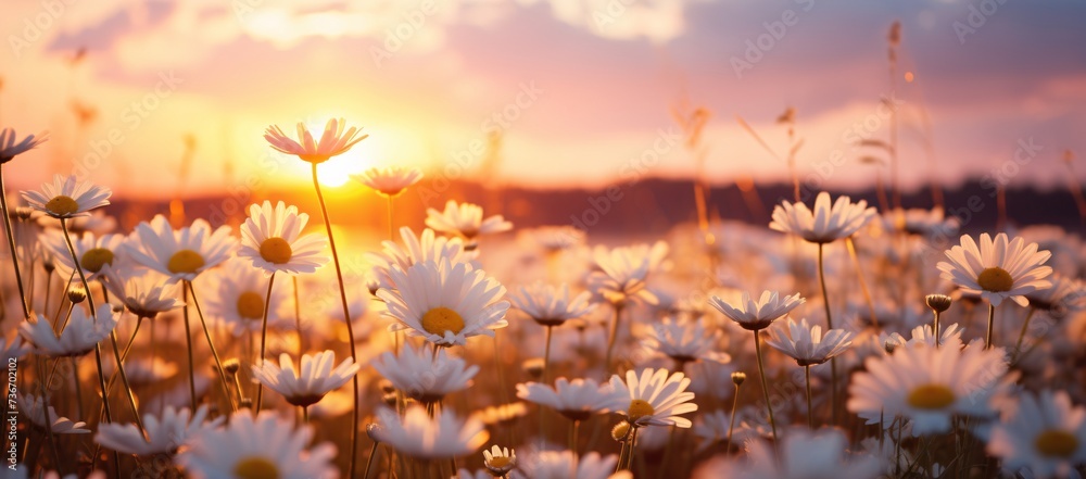 a field of white flowers with the sun setting behind them