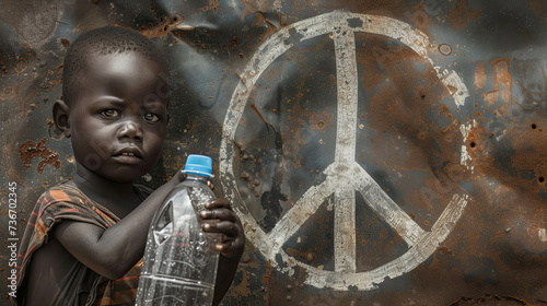 Ein kleines schwarzes armes Kind mit einer Wasserflasche. Im Hintergrund das Friedenssymbol (Peace-Zeichen). Der Welttag des Wassers trägt 2024 das Motto "Water for Peace". Wasser für Frieden.
