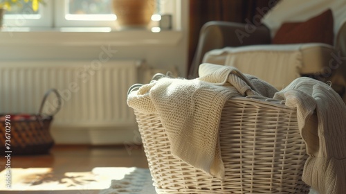 white wicker basket filled with neatly folded blankets, sitting by a cozy armchair photo