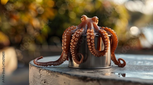 Close up of octopus in a stainless steel can on wooden table, concept of octopus in cans, fresh seafood, wired monster in city.
