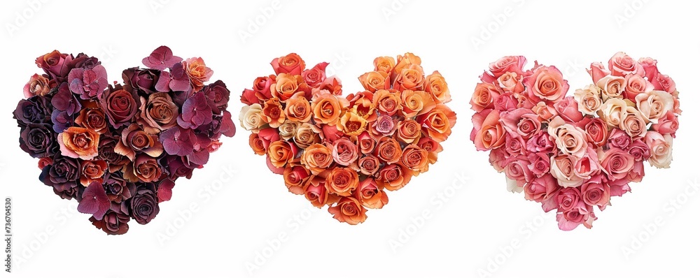 set of three heart made of beautiful red roses in red, yellow pink colors isolated on white background set of three heart made of beautiful red roses in red, yellow pink colors isolated on white background
