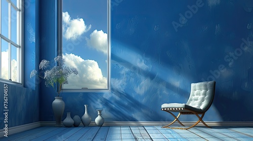 A blue room with a chair  vases  and a window with a blue sky in the window