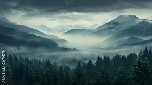 a foggy mountain landscape with trees and mountains © ion