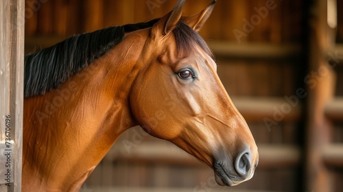  Tranquil profile of a horse in a dimly lit barn capturing a moment of pure tranquility. © maniacvector