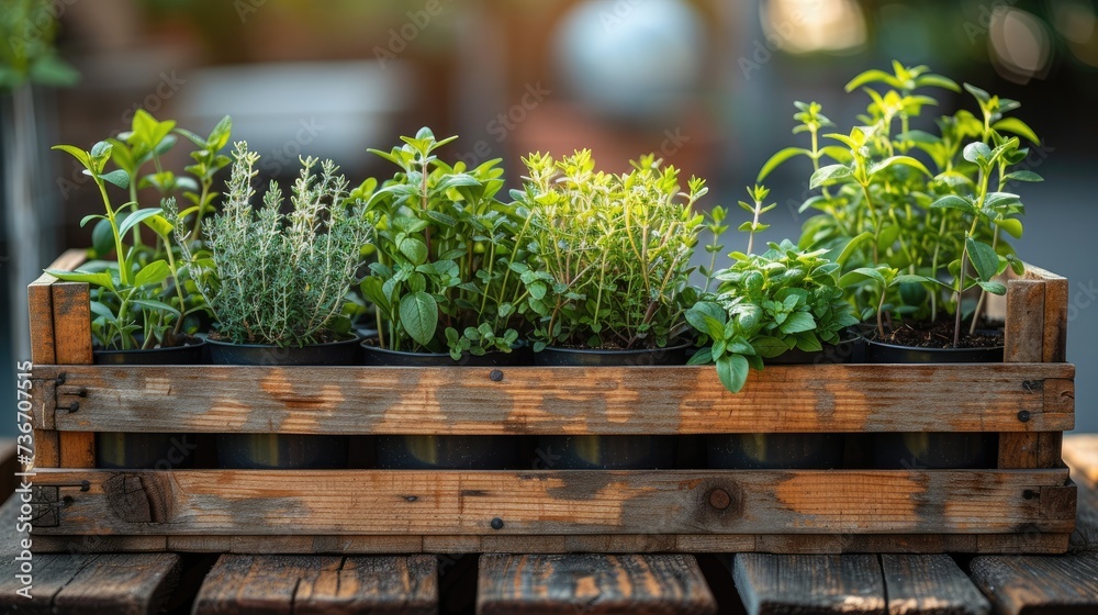 Fresh Greens Galore: A Bountiful Assortment of Potted Plants in a Rustic Wooden Crate