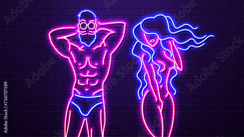 A sexy neon bright man and a shiny woman in blue and pink. A concept for a barbershop, a sport or a sex shop.
