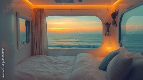 Intimate travel trailer bedroom with ocean view and cozy lighting