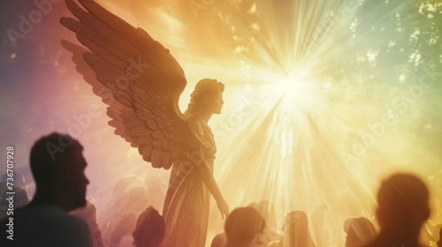 A rainbowhued angel hovers over a group of people gently encouraging them to spread kindness and peace.
