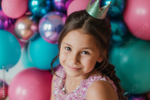 smiling birthday girl with a crown and balloons in the background
