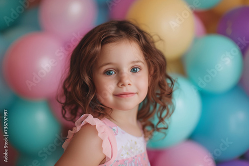 Little birthday girl with balloons in the background 