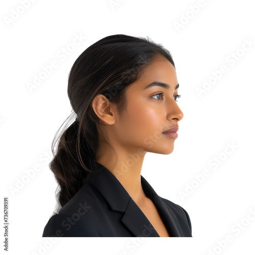 indian professional woman in a suit semi side profile