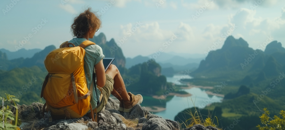 traveler with a tablet enjoying the scenery of Asia with mountains and a lake, man with a tablet, working abroad, digital nomad, travel concept, scenic mountain view - obrazy, fototapety, plakaty 