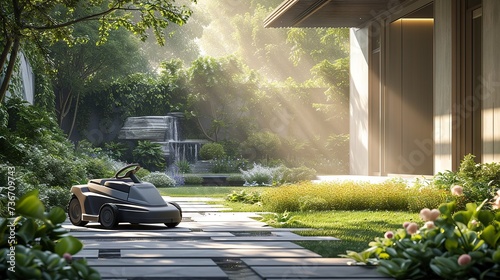 Modern garden landscape with a robotic lawn mower and serene water feature