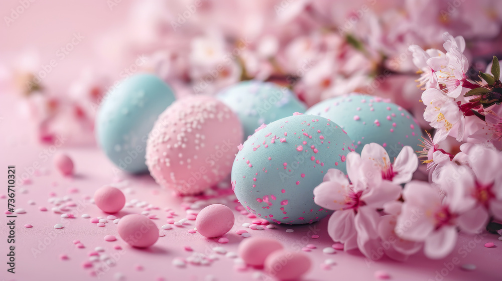 Tranquil Easter Eggs and Cherry Blossoms Scene.
Pastel Easter eggs decorated with delicate cherry blossoms on a gentle pink surface.