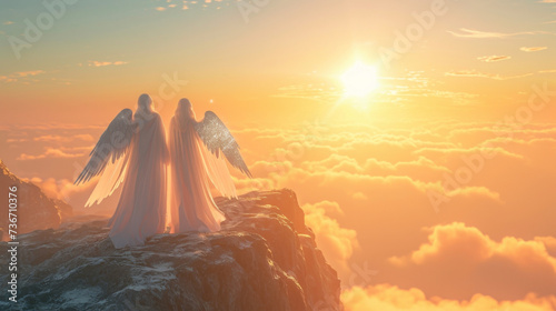 Two ethereal lightbringers standing on a mountaintop their glittering wings creating a mesmerizing spectacle as they welcome the rising sun.