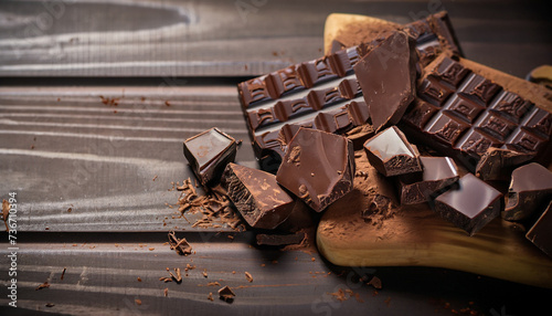 Chocolate on wooden background. dark food photography