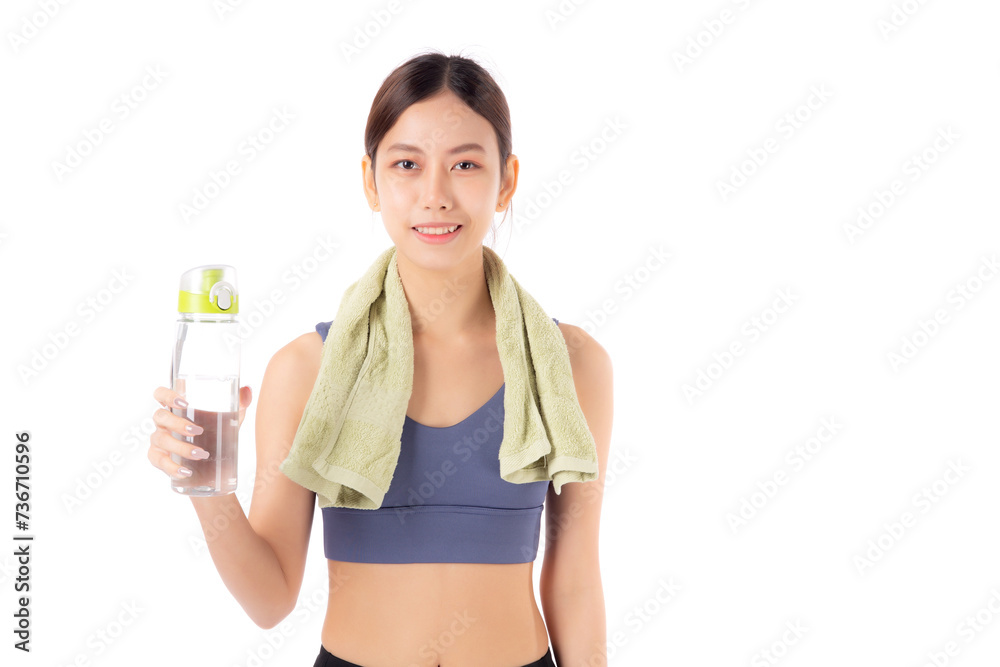 Fit young asian woman taking a break from workout holding a clear water bottle, towel over her shoulders, isolated white background, Active woman resting with water bottle, sport for health. Fit young asian woman taking a break from workout holding a clear water bottle, towel over her shoulders, isolated white background, Active woman resting with water bottle, sport for health.