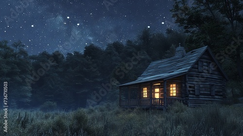 A starlit sky bathes a quaint wooden cabin in nature’s tranquility, providing a perfect retreat