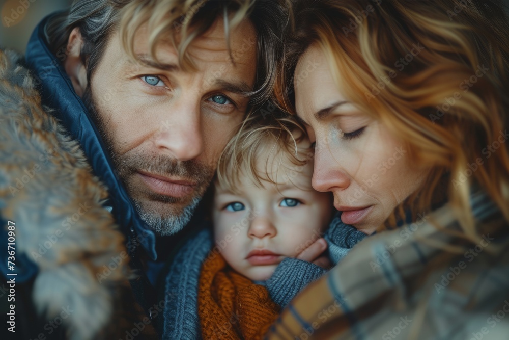 Intimate family moment, with a young child embraced by loving parents. Intimate family moment, with a young child embraced by loving parents.