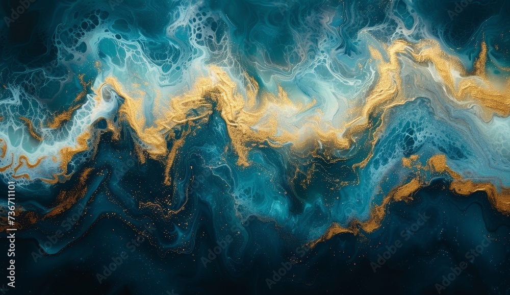 Abstract fluid art with blue and gold swirls resembling marbled water. - obrazy, fototapety, plakaty 
