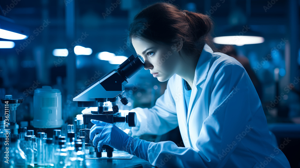 A scientist woman working hard to learn new things in a science lab. Exploring and finding out cool stuff using science tools. Generative AI. A scientist woman working hard to learn new things in a science lab. Exploring and finding out cool stuff using science tools. Generative AI.
