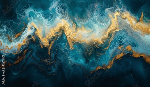 Abstract fluid art with blue and gold swirls resembling marbled water. photo