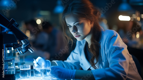 A scientist woman working hard to learn new things in a science lab. Exploring and finding out cool stuff using science tools. Generative AI.