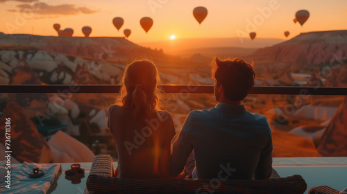 a couple of men and woman watching the sunrise in Cappadocia Turkey, a romantic moment in Kapadokya Turkey, men and woman on a terrace at the hotel watching sunrise