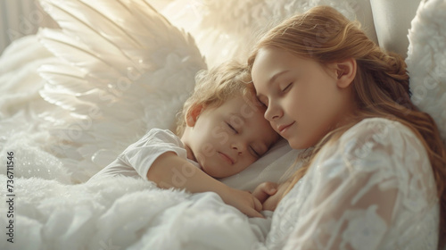 A guardian angel with shimmering crystal wings watches over a child sleeping peacefully keeping them safe from harm.