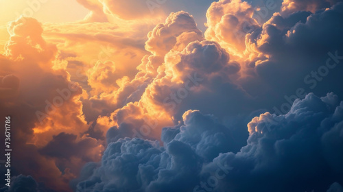 Whimsical clouds backlit by the setting sun resembling a fairytale scene in the sky. photo