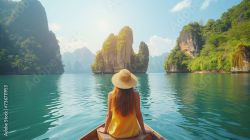 traveler woman in a longtail boat at Khao Sok Lake Thailand Asia, Asian woman in a boat at the lake with limestone cliffs at sunrise