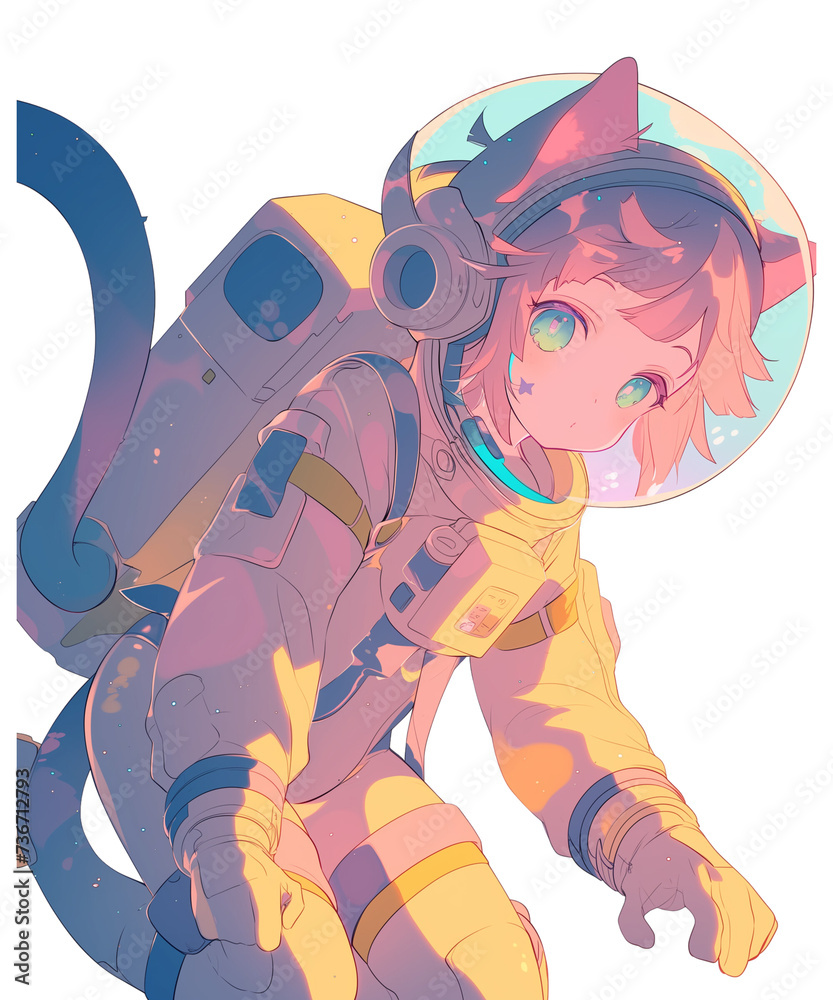 Obraz premium A vibrant illustration of a futuristic space explorer with cat ears, featuring a youthful appearance and clad in a yellow space suit, set within a circular frame. 