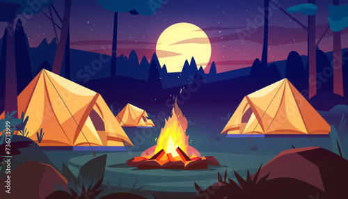 tents near campfire in night forest hiking camping concept