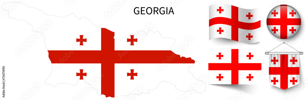 The various patterns of the Georgia national flags and the map of Georgia's borders