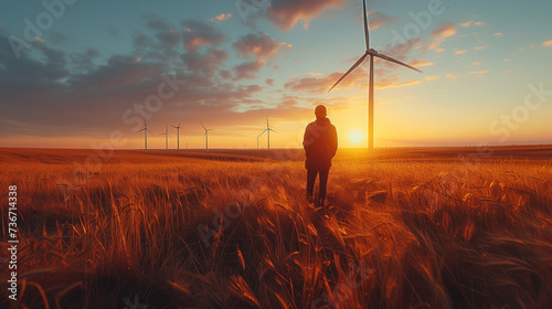 young men standing in the meadow at a windmill park at sunset, windmill turbines at sunset, green energy, energy transition