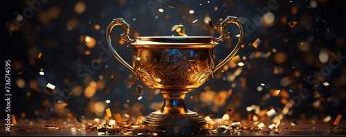 a gold trophy with confetti falling